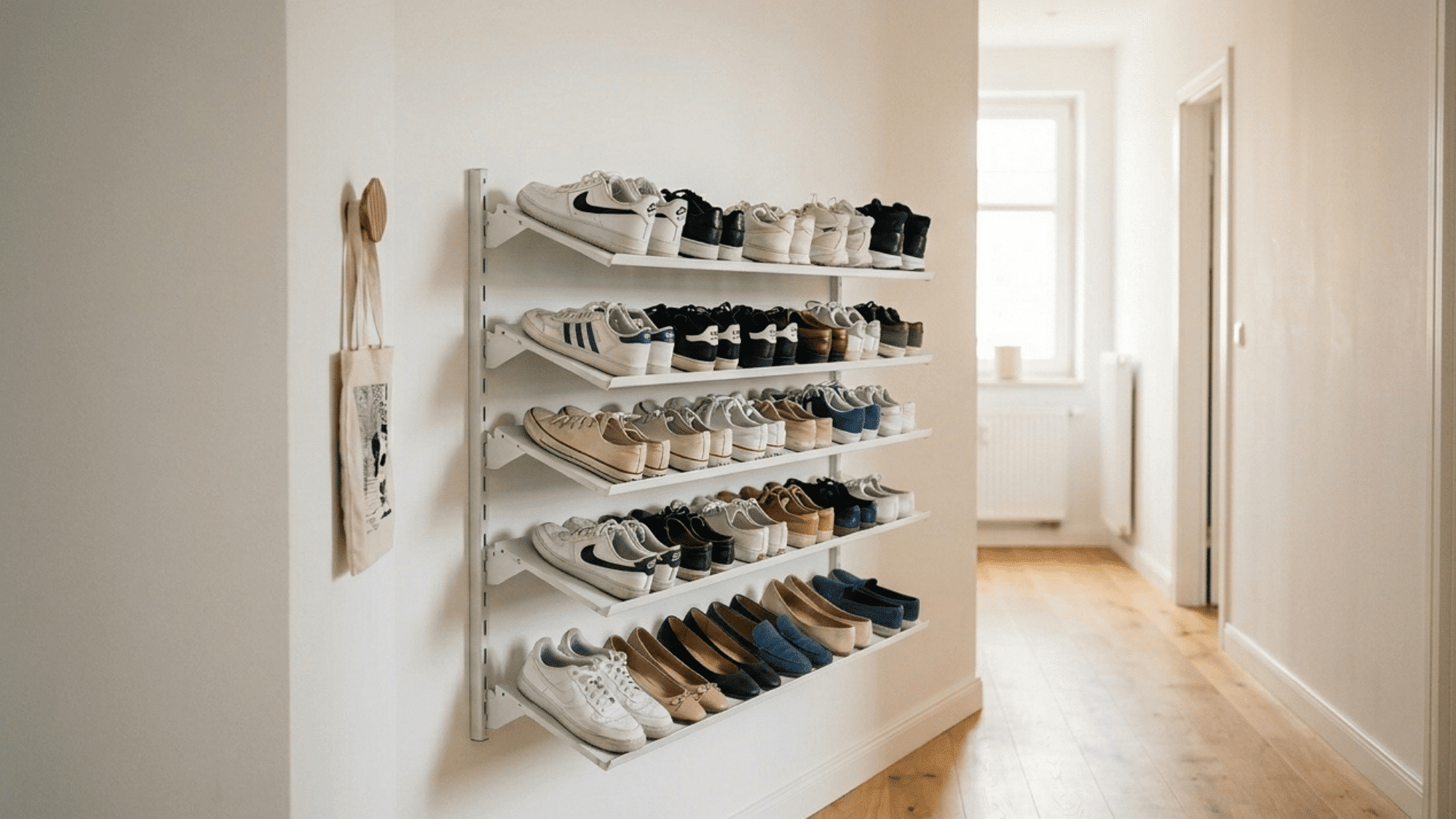 wall-mounted tilted shoe rack displaying shoes neatly in a small clear hallway