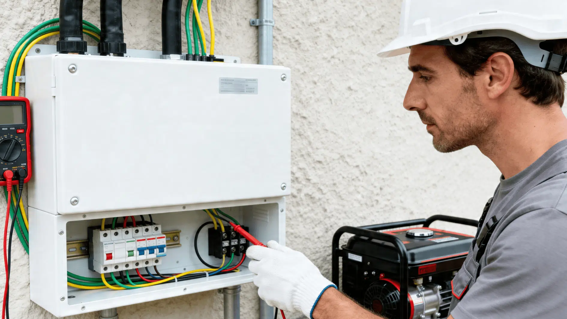 electrician testing backup generator wiring and control panel during installation near home exterior