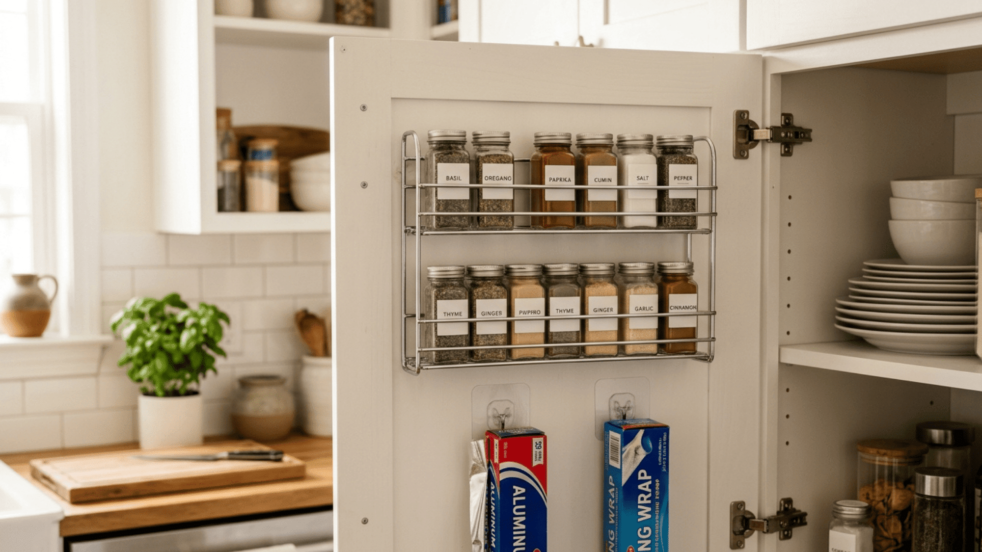 wire rack on cabinet door interior holding spice jars and foil boxes in kitchen