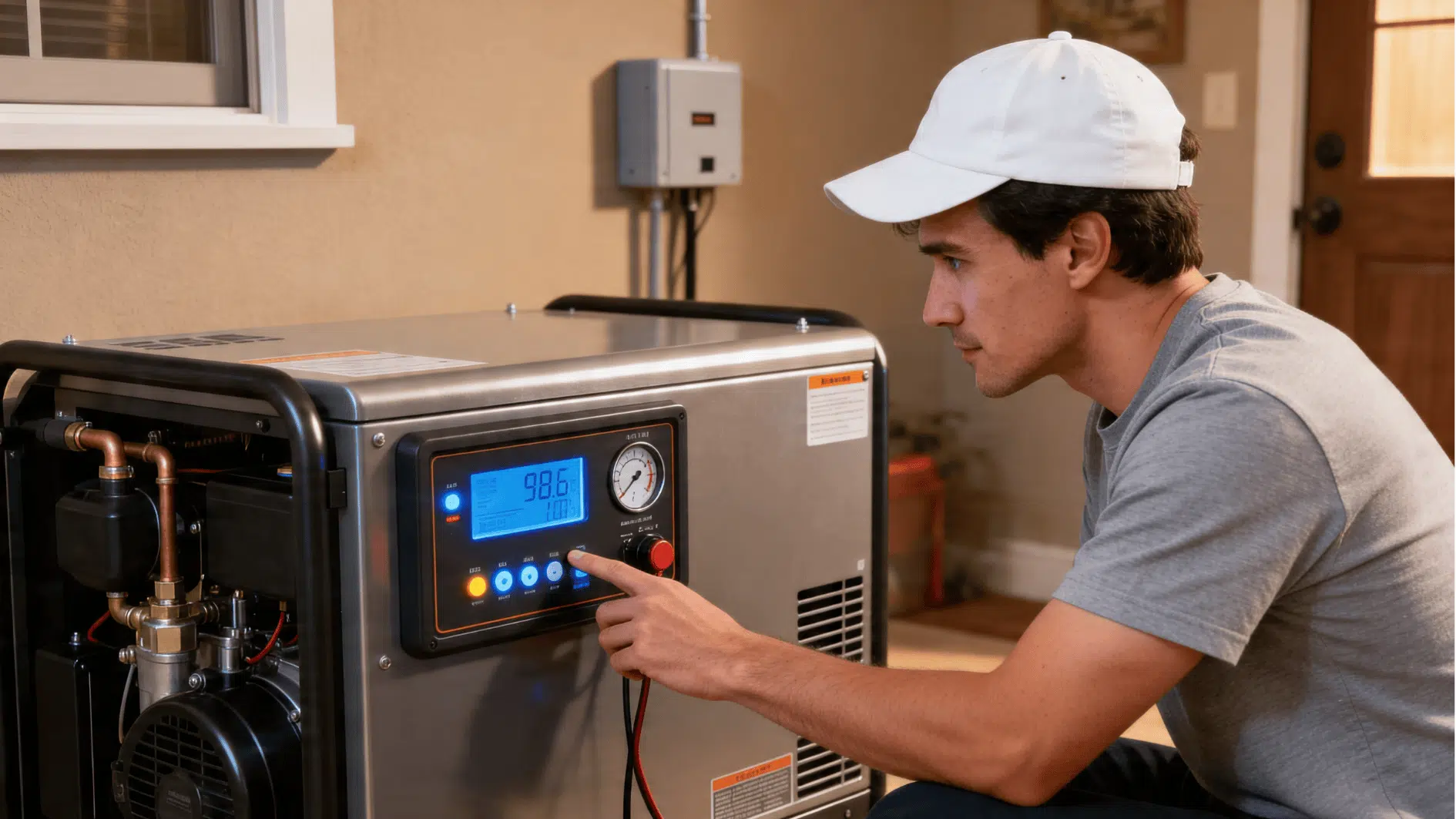 technician checking generator control panel and monitoring system performance during setup in residential area