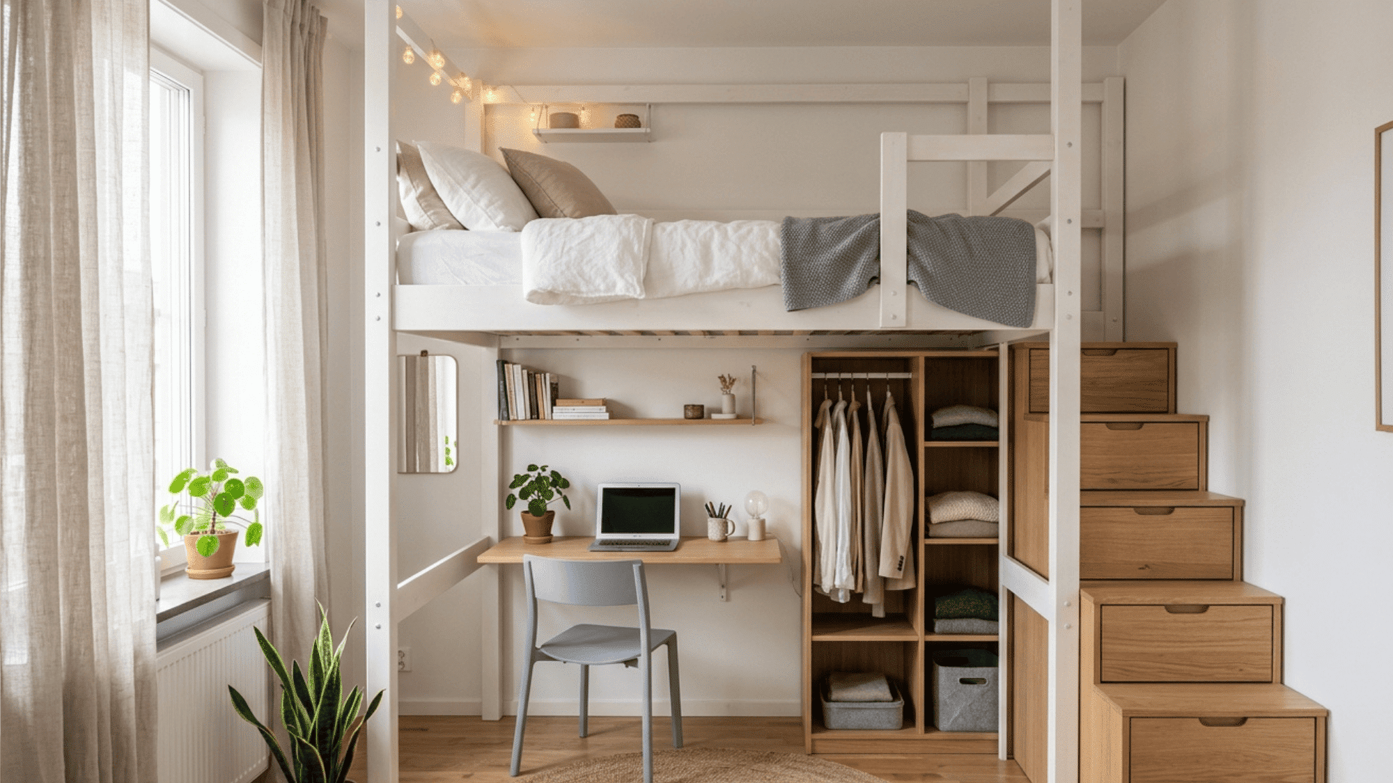 loft bed with desk and wardrobe underneath and built-in stair drawers in small bedroom
