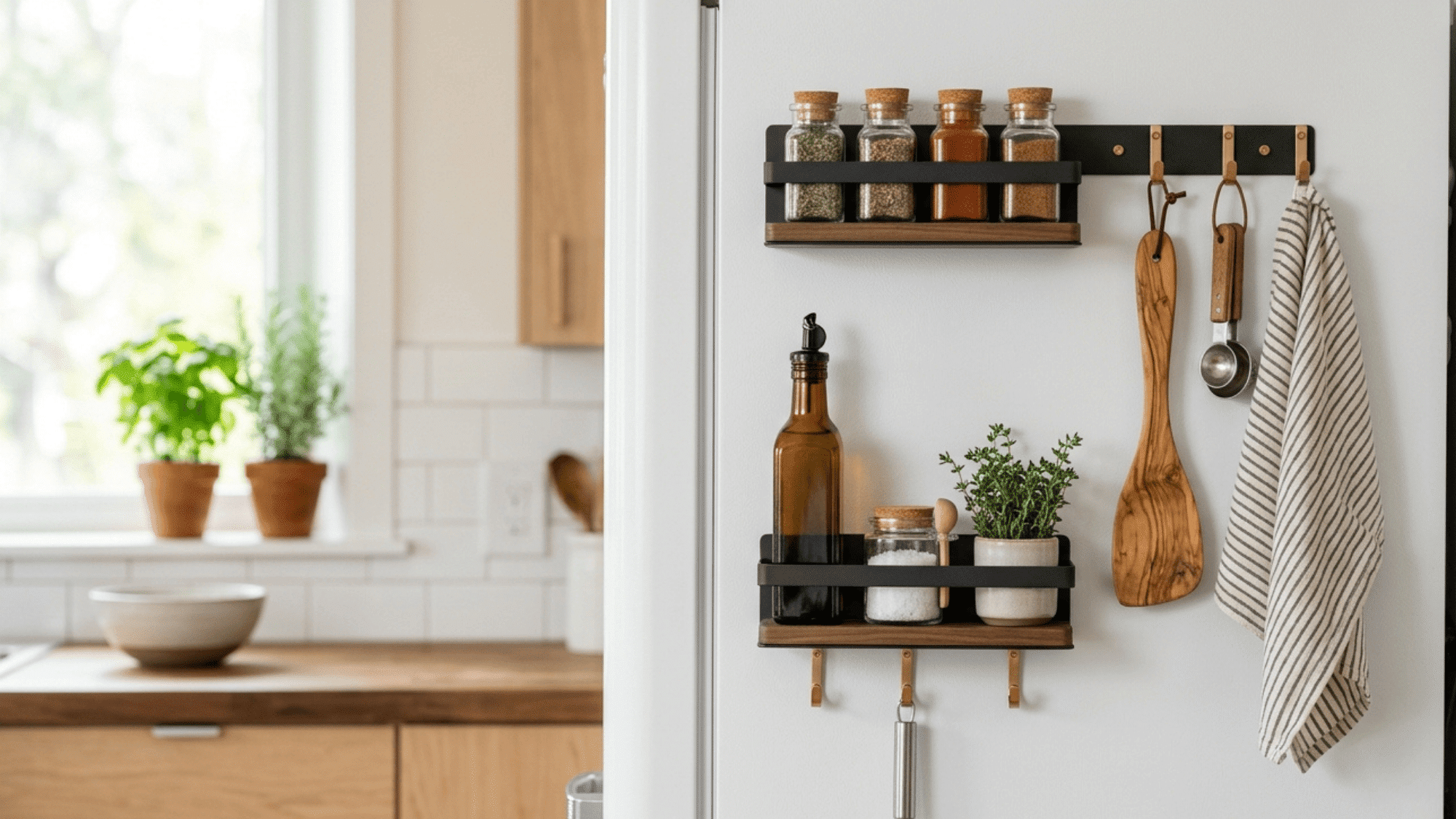 magnetic shelves and hooks attached to fridge side panel holding kitchen tools and bottles