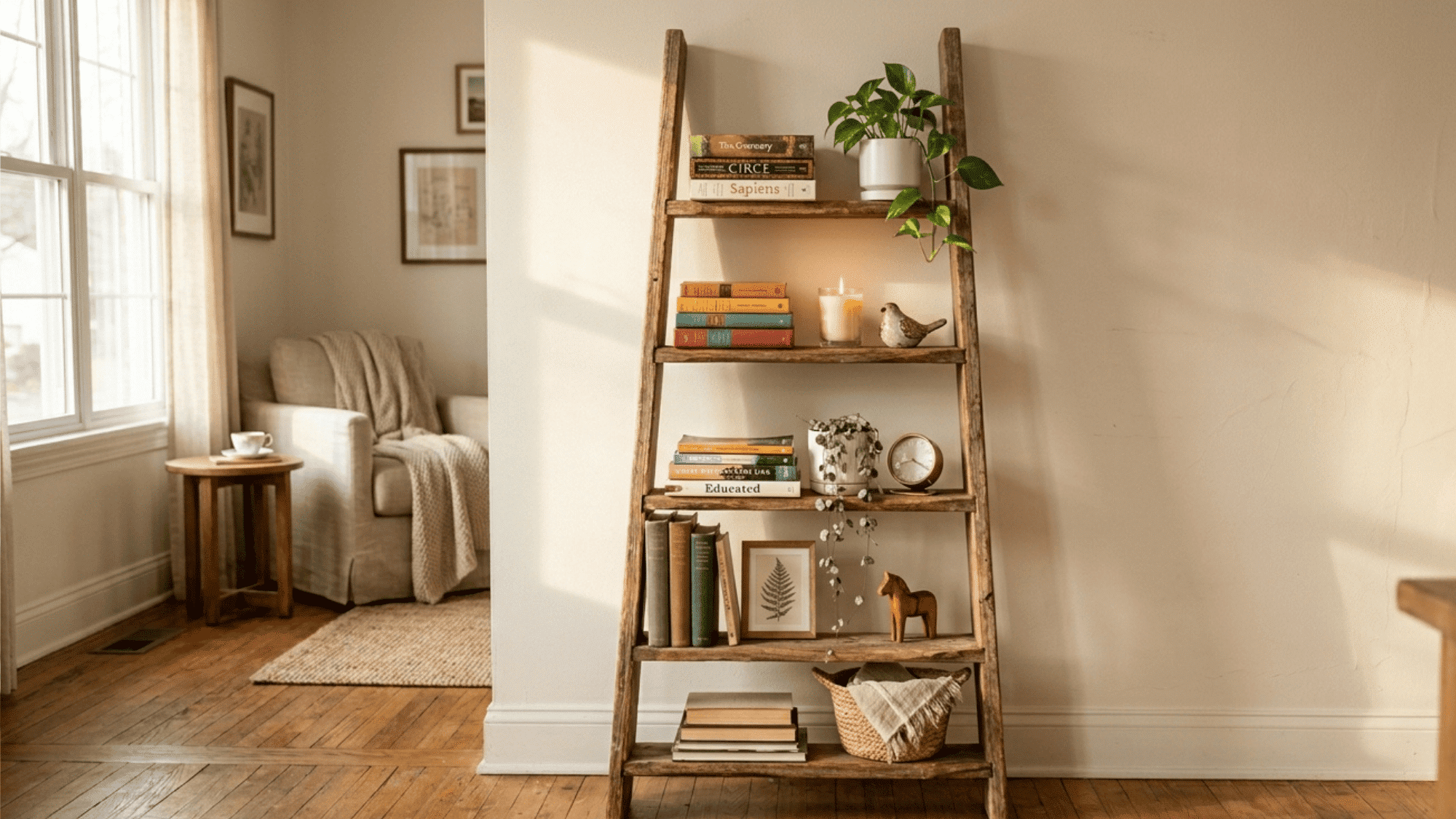 rustic wooden ladder leaning on wall with books plants and candles on each rung