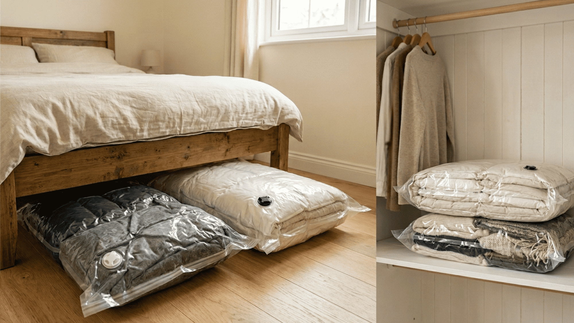 flat vacuum sealed bags of compressed coats and duvets stored under bed and on shelf