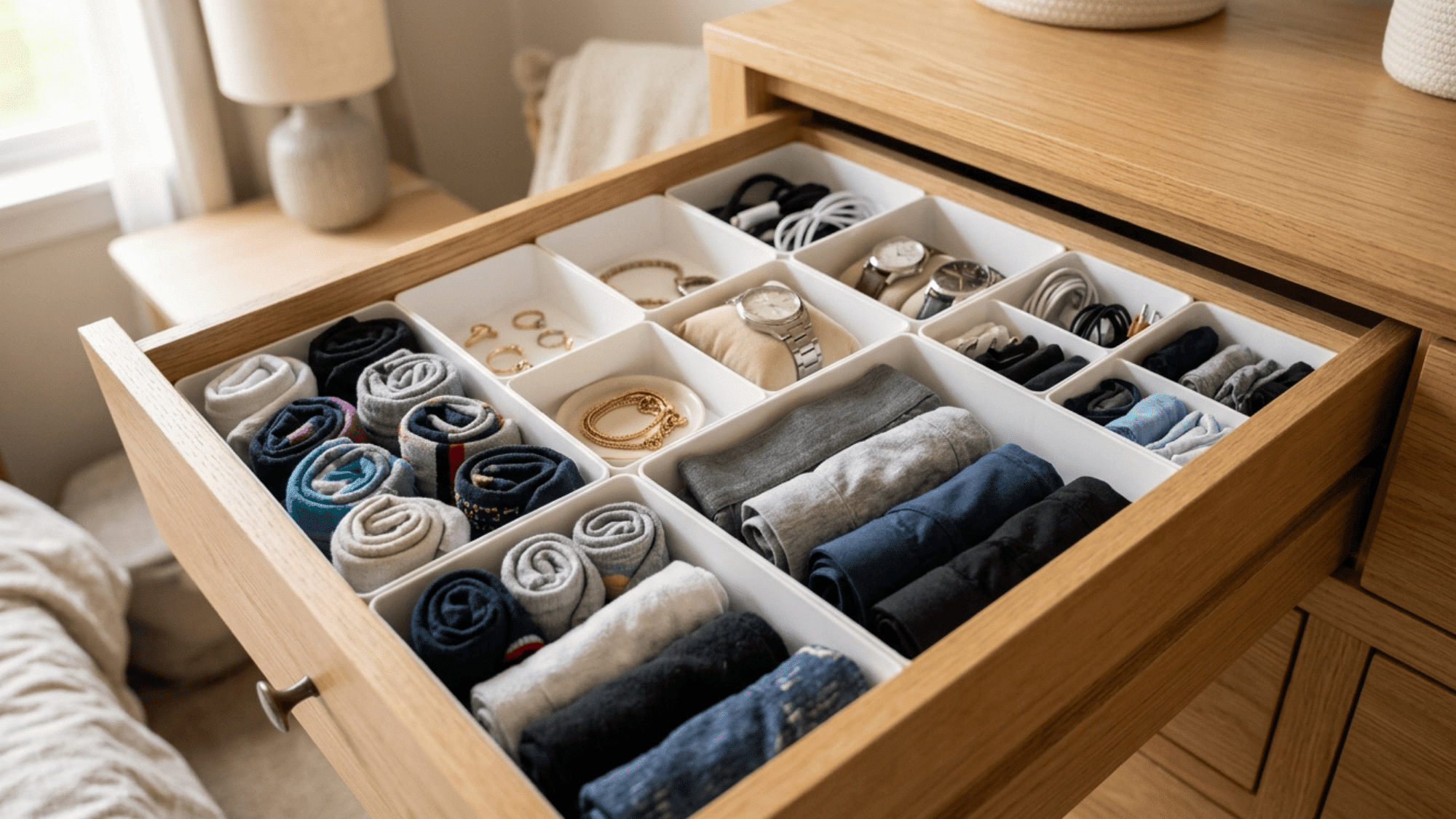 white drawer dividers separating socks accessories and clothing neatly in bedroom drawer