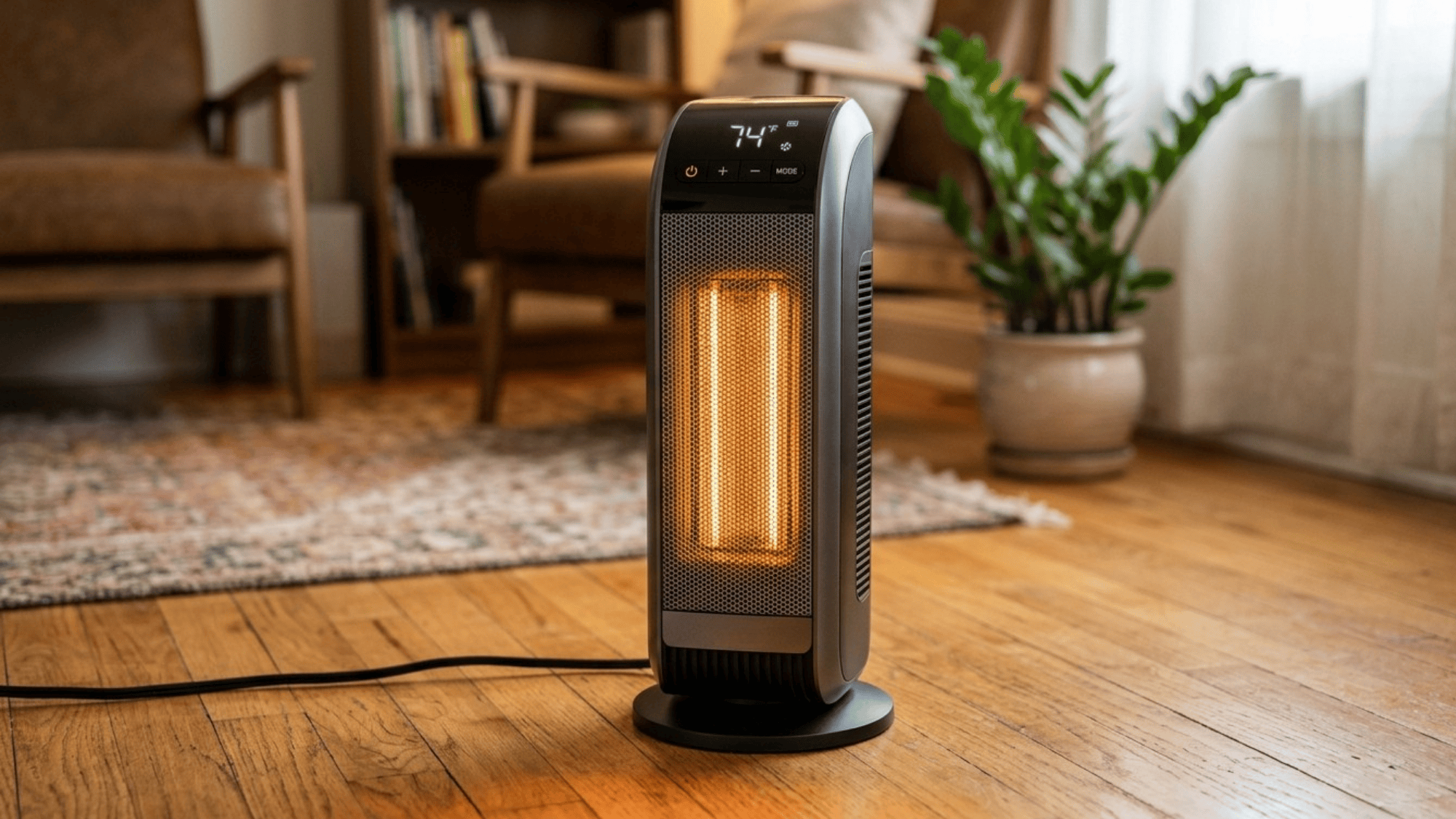 portable space heater on wooden floor in living room, digital display showing temperature, modern home interior