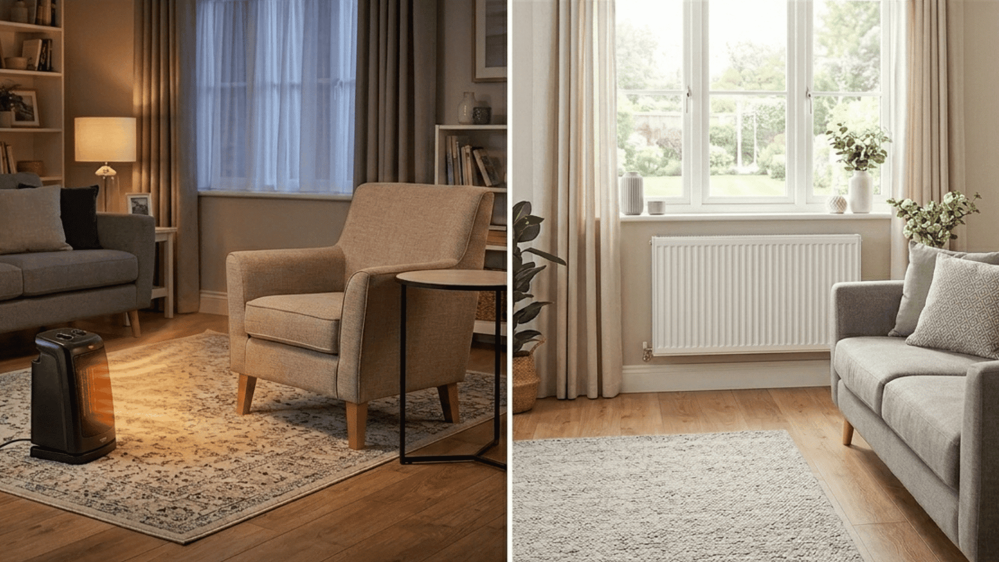 comparison of localized heating with portable space heater in cozy living room versus central heating with wall radiator