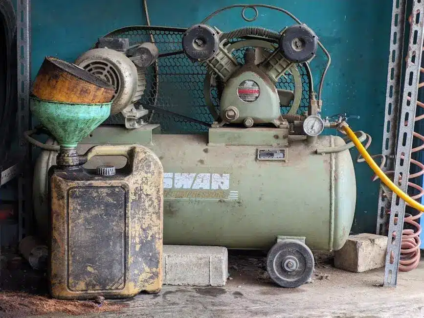 Old air compressor with yellow hose and green funnel in cluttered workshop setting