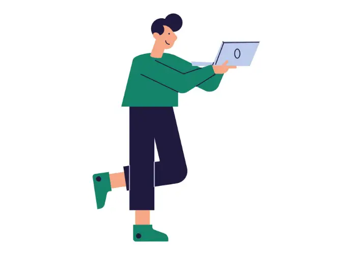 Illustration of person in green sweater holding open laptop while standing on one leg