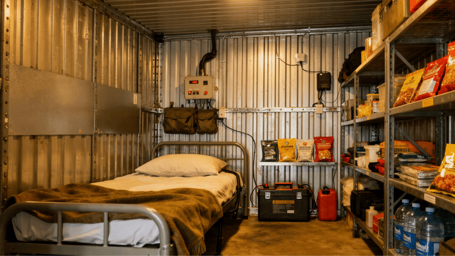 interior of container bunker with single bed, shelves stocked with supplies, water bottles, and basic utilities setup