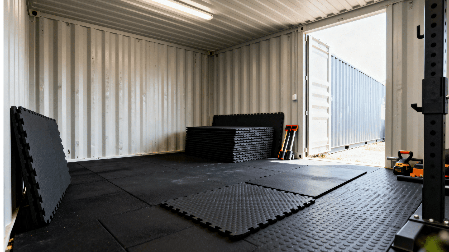 interior of shipping container gym, with rubber floor mats installed, stacked mats and tools visible, creating a compact workout space
