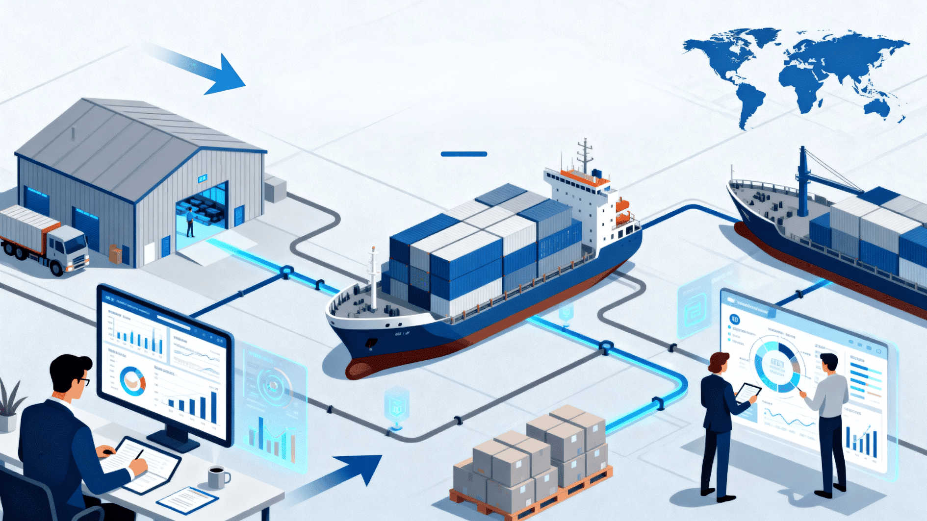 isometric supply chain illustration showing warehouse, cargo ships, trucks, and analytics dashboards connected with digital logistics flows