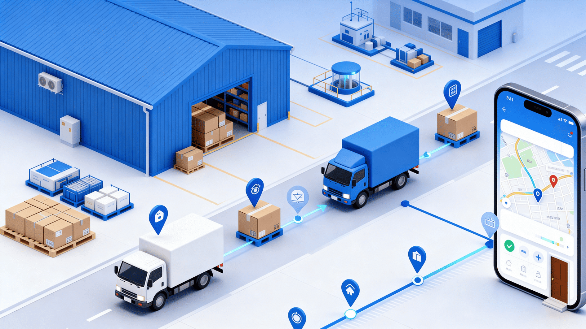 isometric warehouse and trucks with mobile tracking map showing real-time parcel movement, delivery route, and logistics flow system