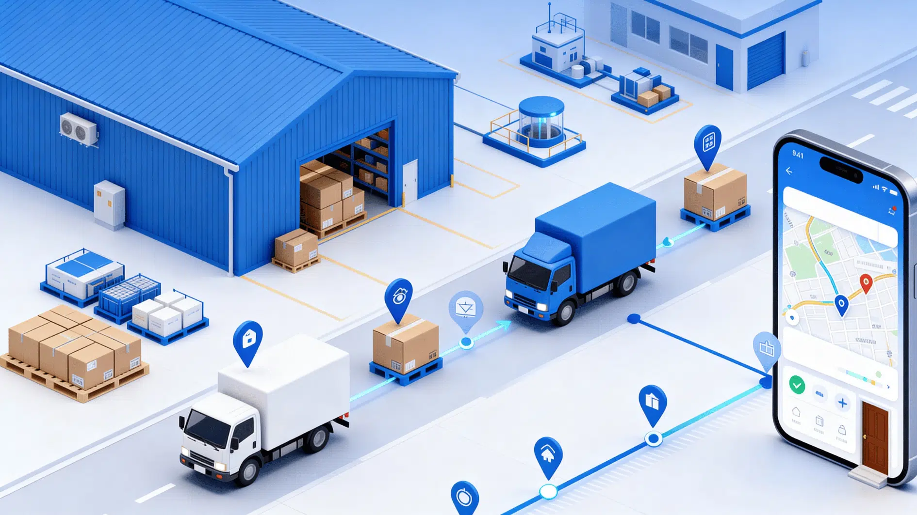 isometric warehouse and trucks with mobile tracking map showing real-time parcel movement, delivery route, and logistics flow system