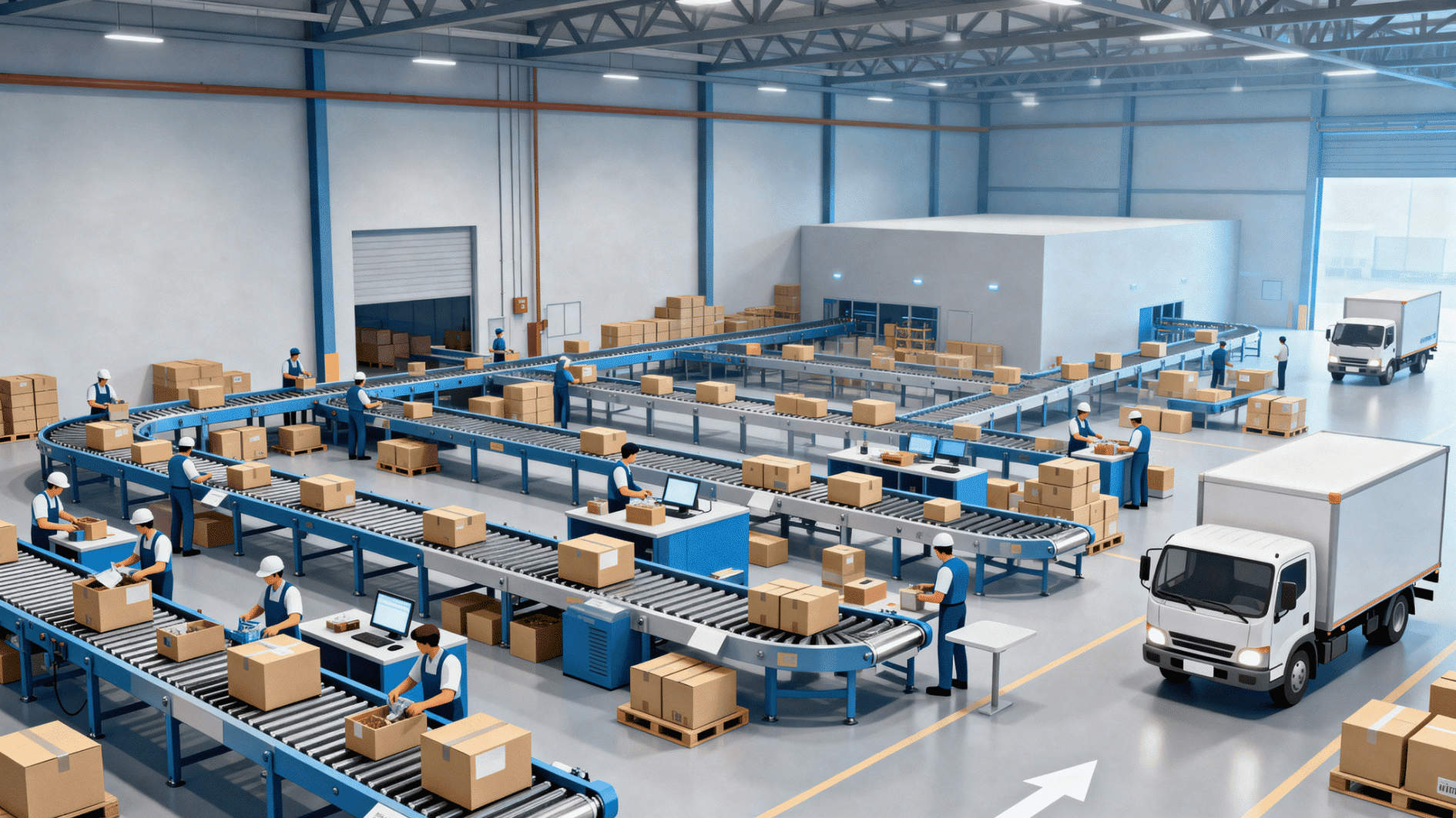 isometric warehouse scene with workers sorting packages on conveyors, truck dispatch, and mapped delivery routes for logistics flow