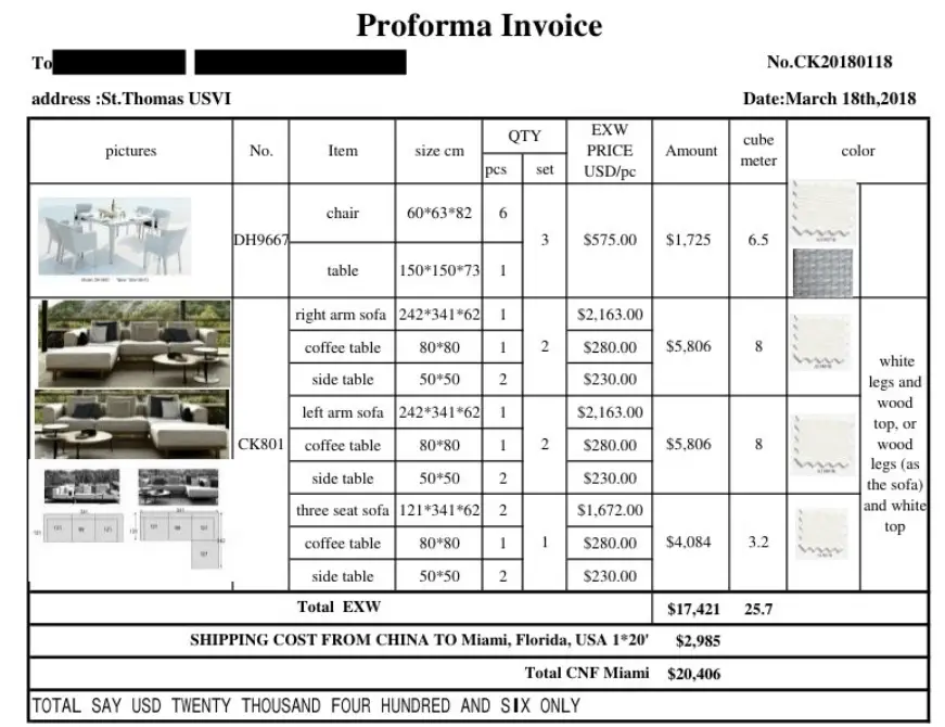 Proforma invoice showing furniture items with images, dimensions, and pricing details