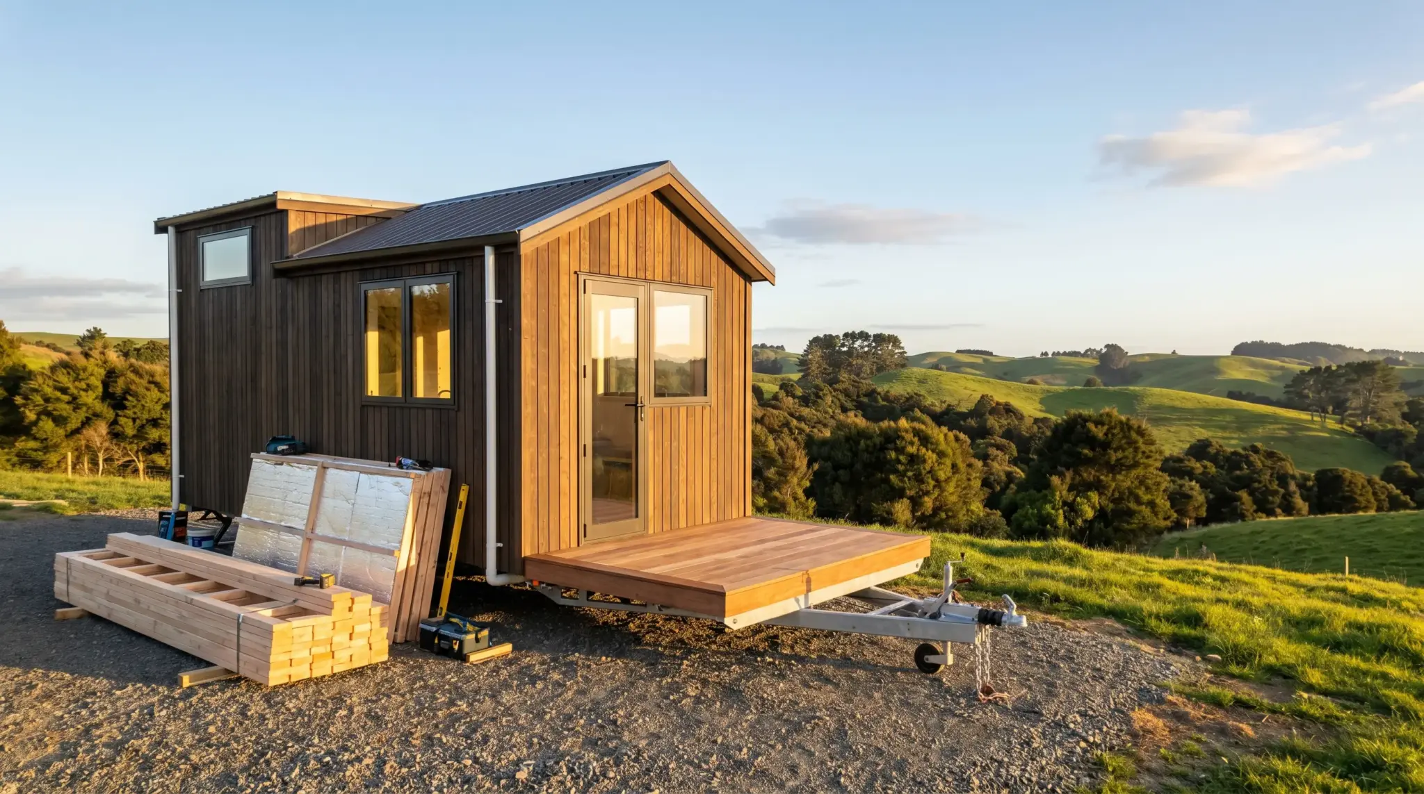 Tiny house on trailer surrounded by green rolling hills under clear blue sky