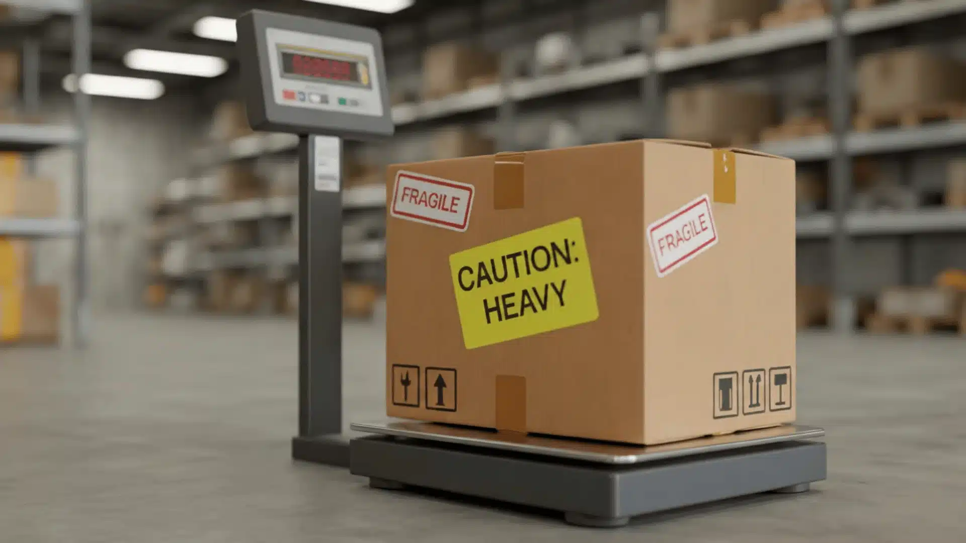 Large box on scale showing weight in warehouse