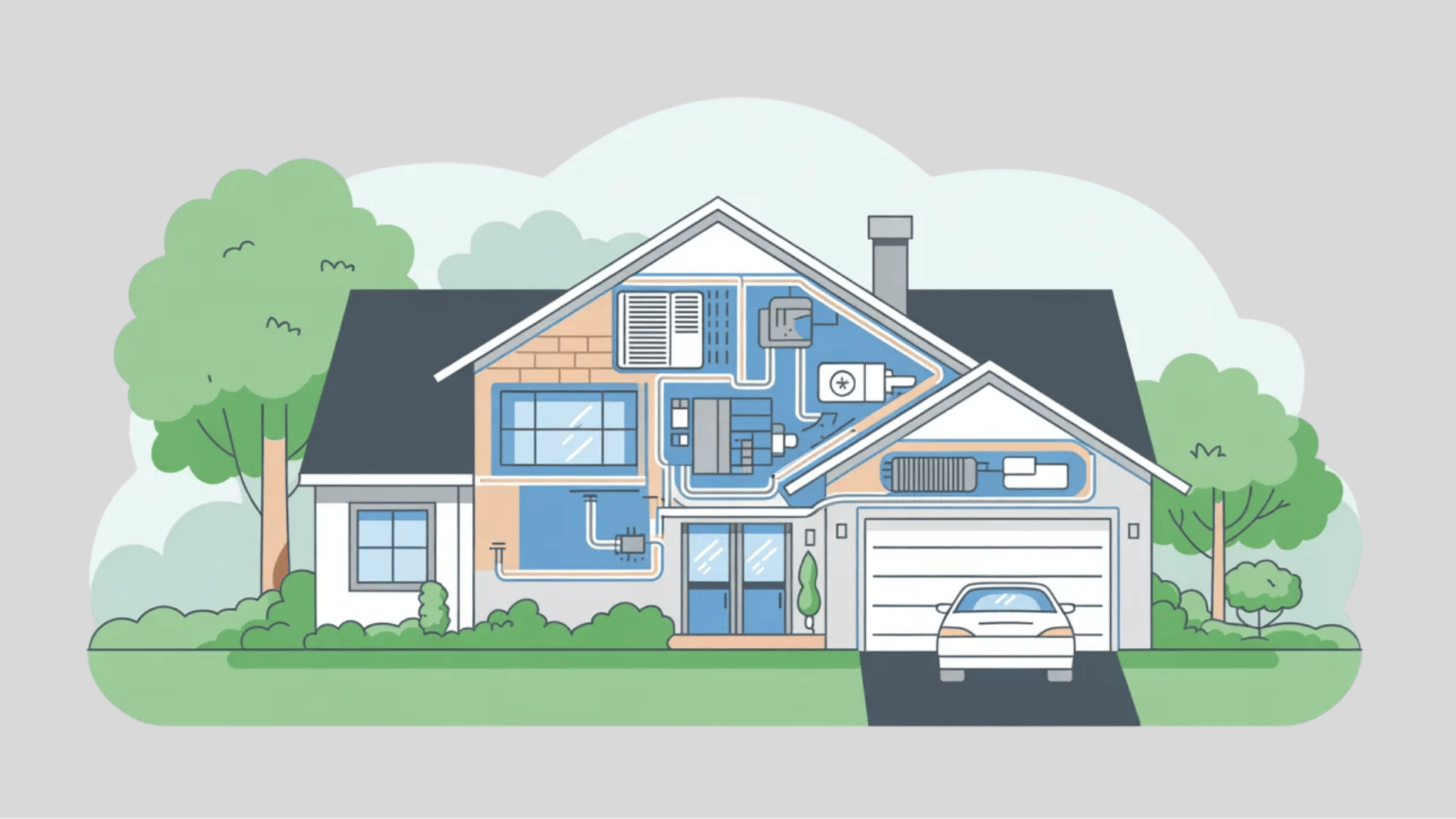 lat vector house illustration showing hvac system layout, soft colors, minimal lines, clean infographic style, green surroundings