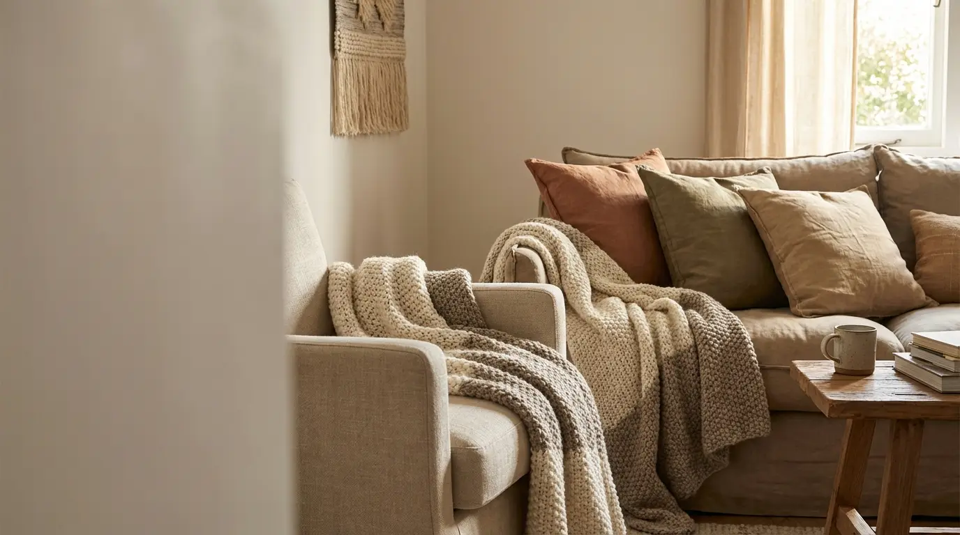 Cozy living room with beige armchair, knit throw blanket, and sofa with assorted cushions