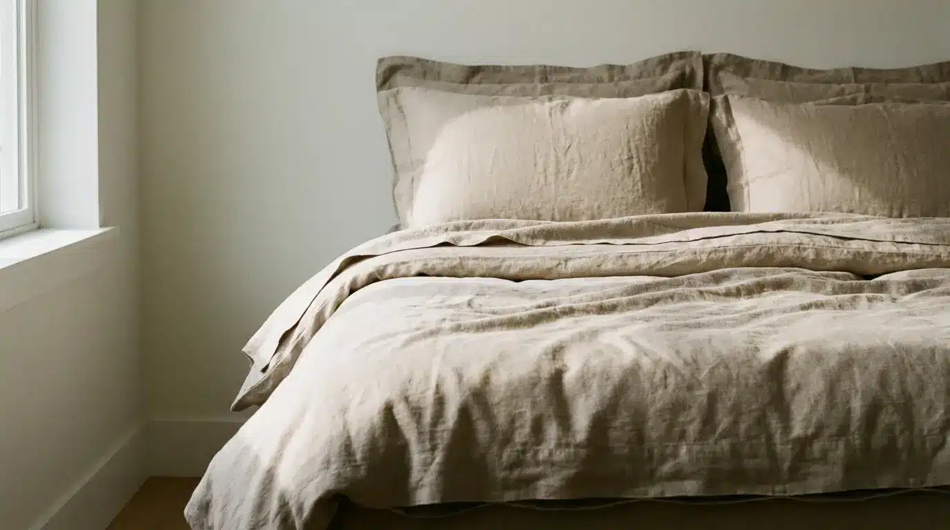 Neutral-toned linen bedding on bed in bright, minimalist bedroom setting