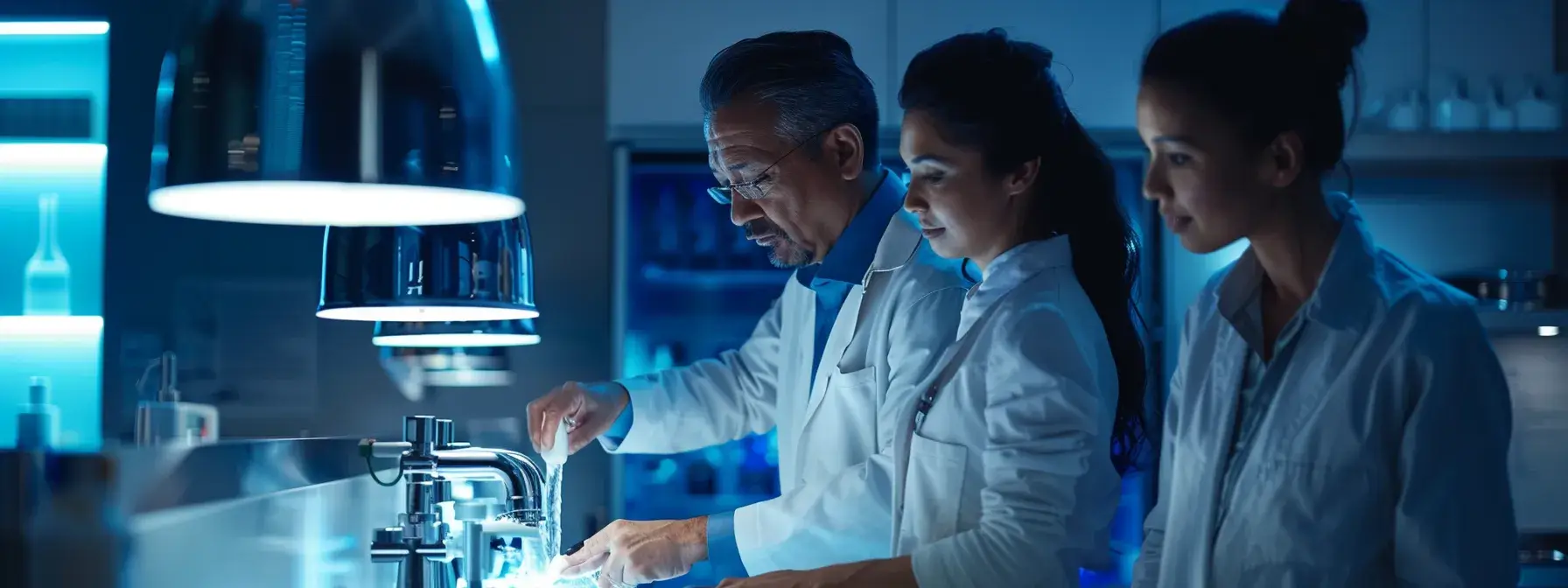 Scientists working together in a modern laboratory with blue ambient lighting
