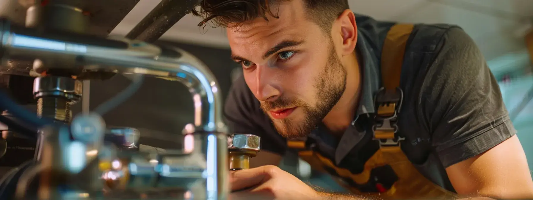 Man in work overalls examining plumbing under kitchen sink in warm indoor lighting
