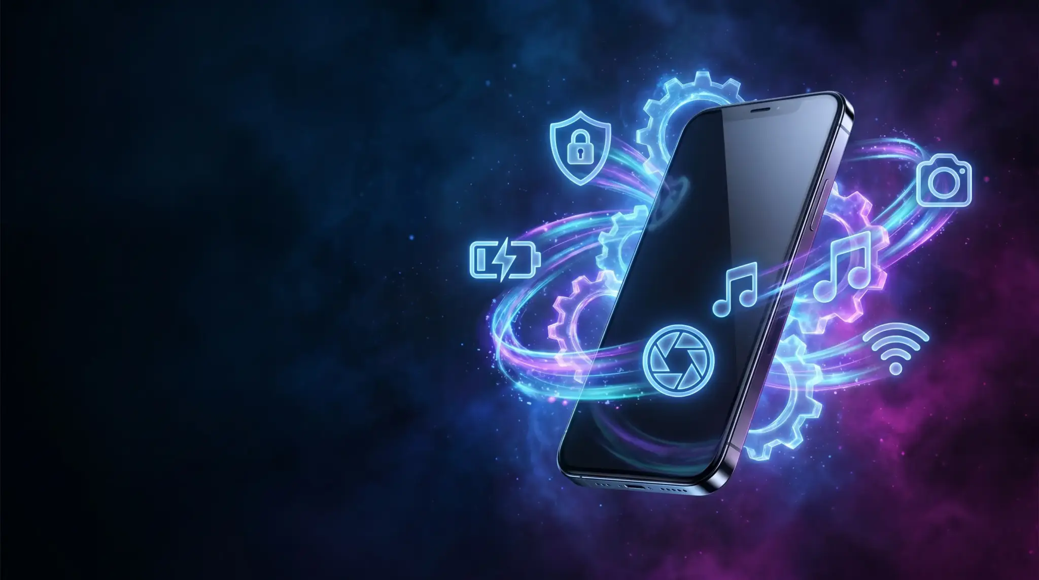 Smartphone surrounded by digital icons for music, camera, and security on a cosmic background