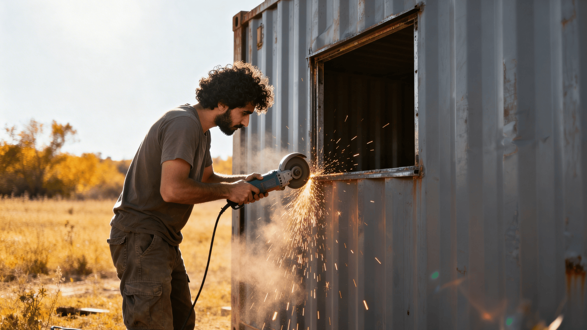 man cutting window opening in shipping container using angle grinder, sparks flying container modification and construction work