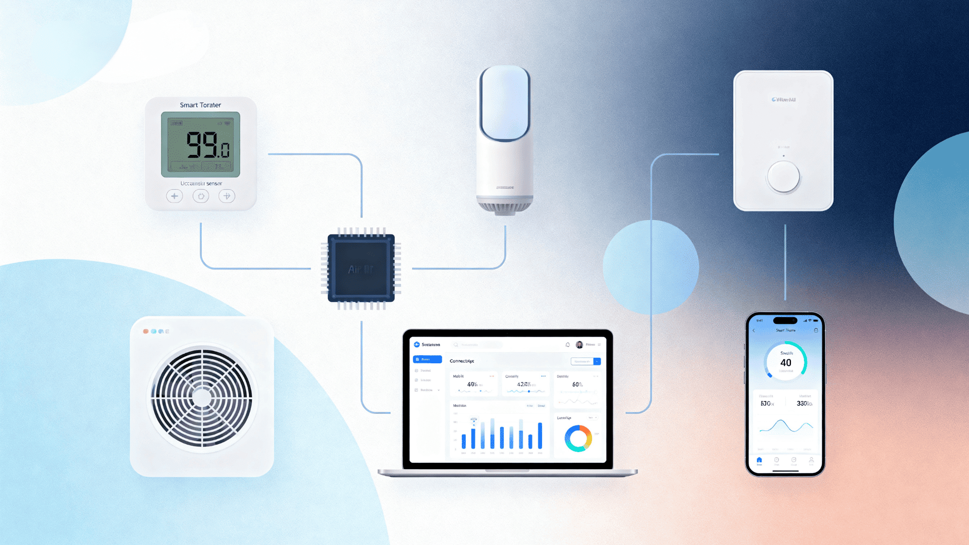 minimal smart hvac system illustration with thermostat sensors module app dashboard and connected devices on abstract background.png