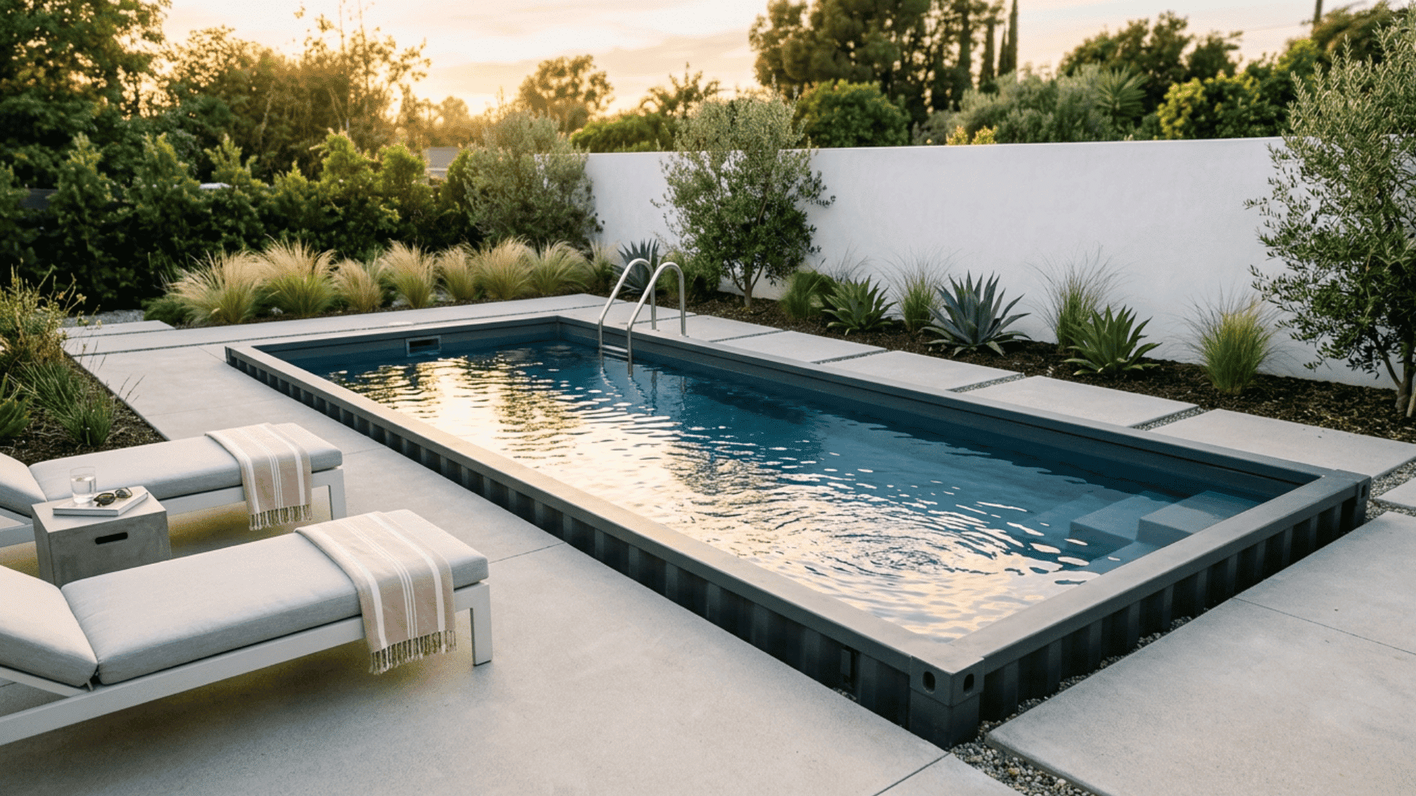modern backyard pool made from a converted shipping container with lounge chairs and landscaping