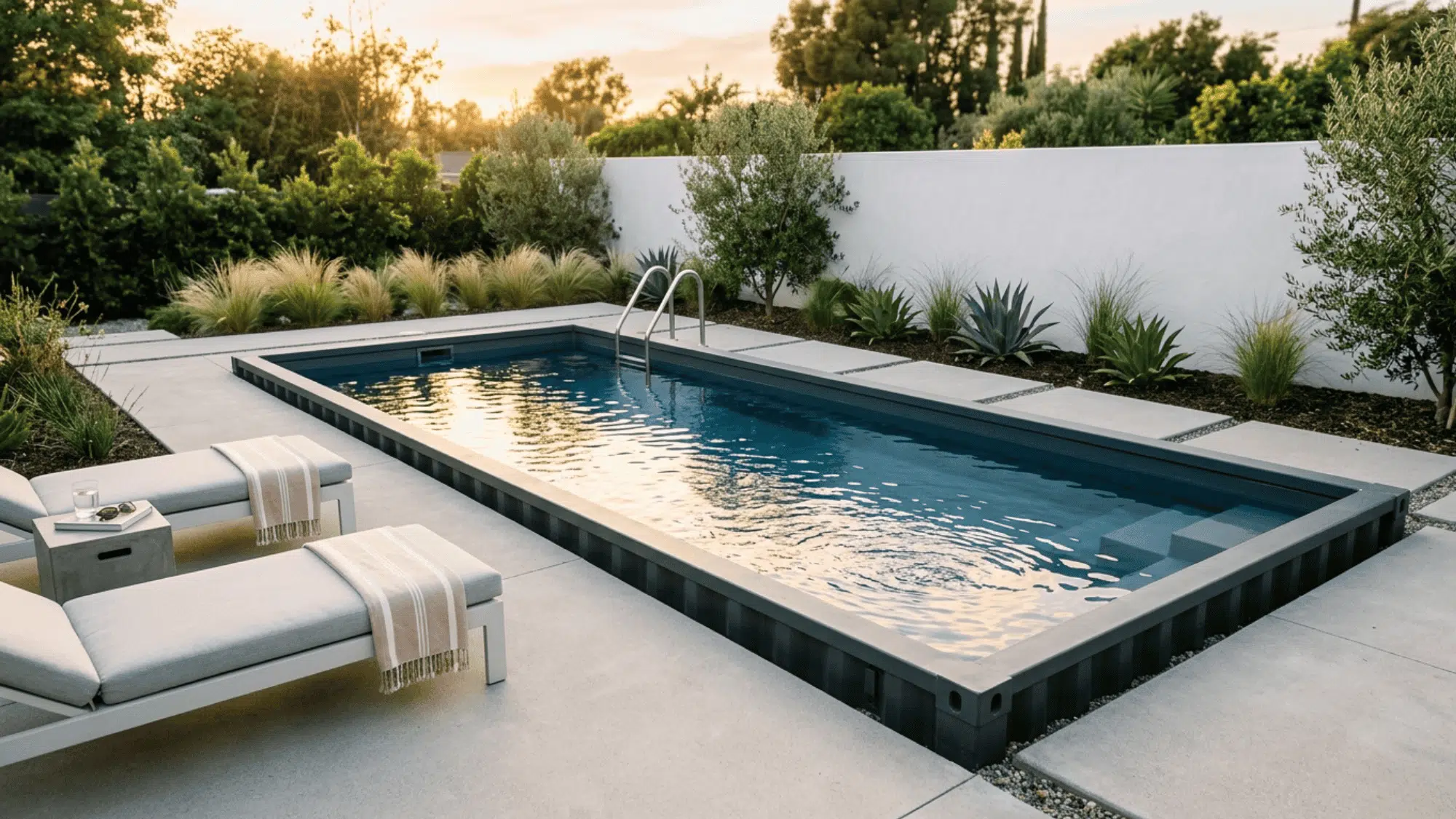 modern backyard pool made from a converted shipping container with lounge chairs and landscaping