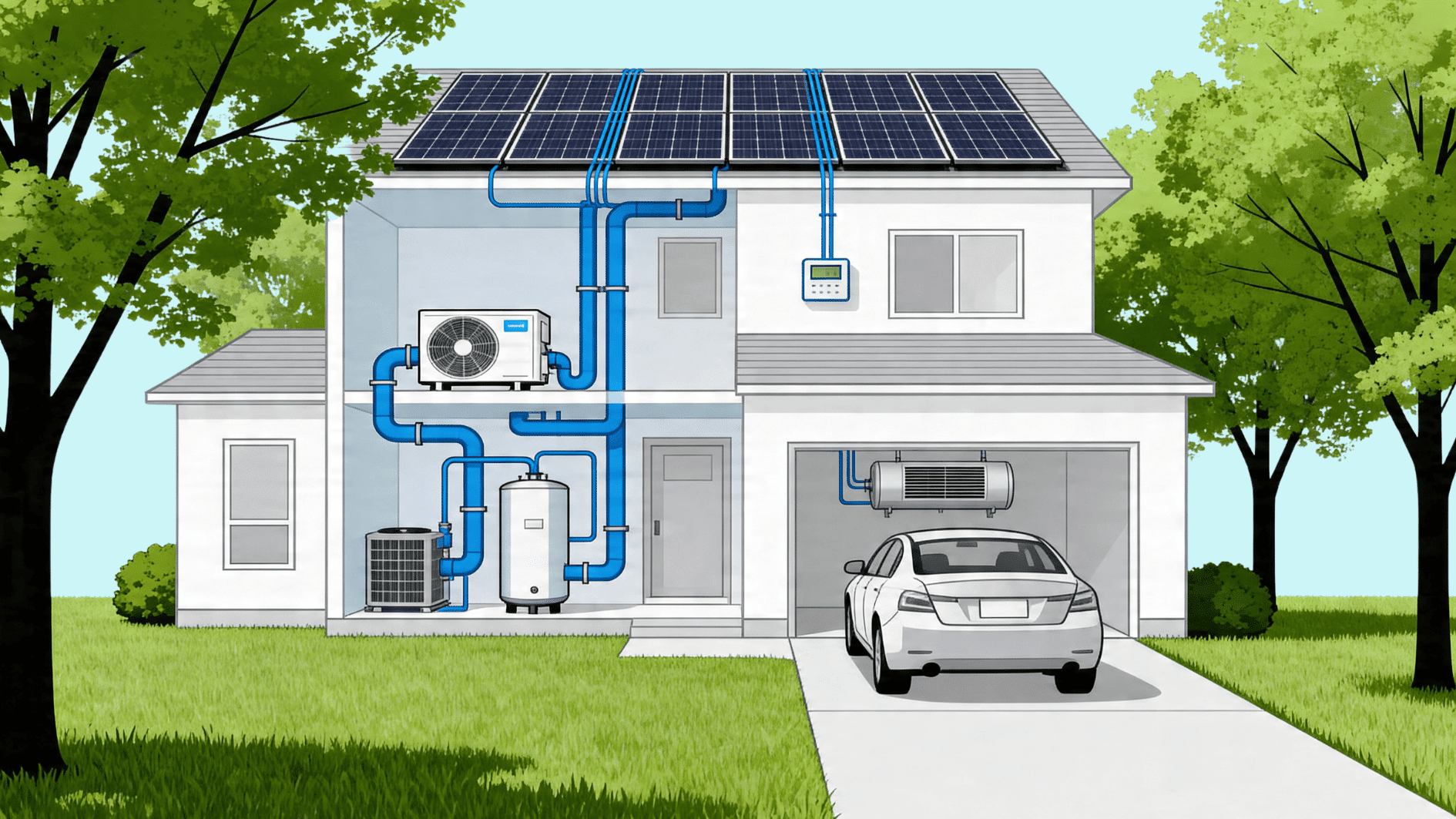 modern home cutaway with solar panels and hvac system, blue piping network, clean eco-friendly design, realistic style