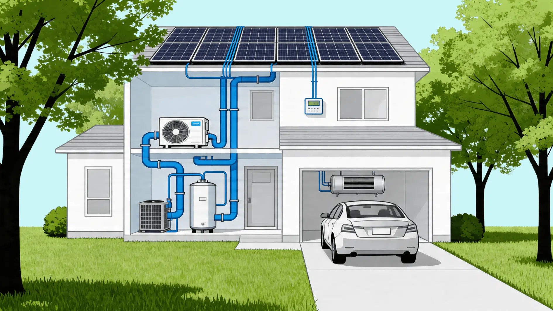 modern home cutaway with solar panels and hvac system, blue piping network, clean eco-friendly design, realistic style