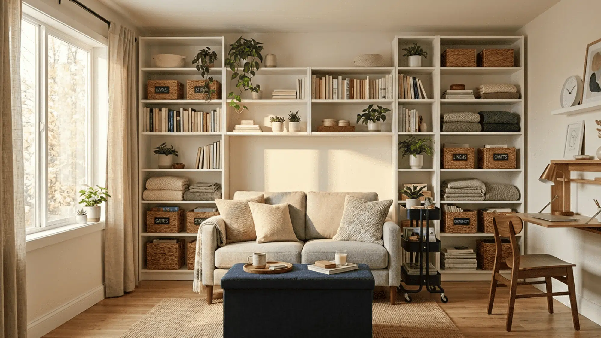 modern living room with built in shelves organized books baskets plants sofa and compact workspace