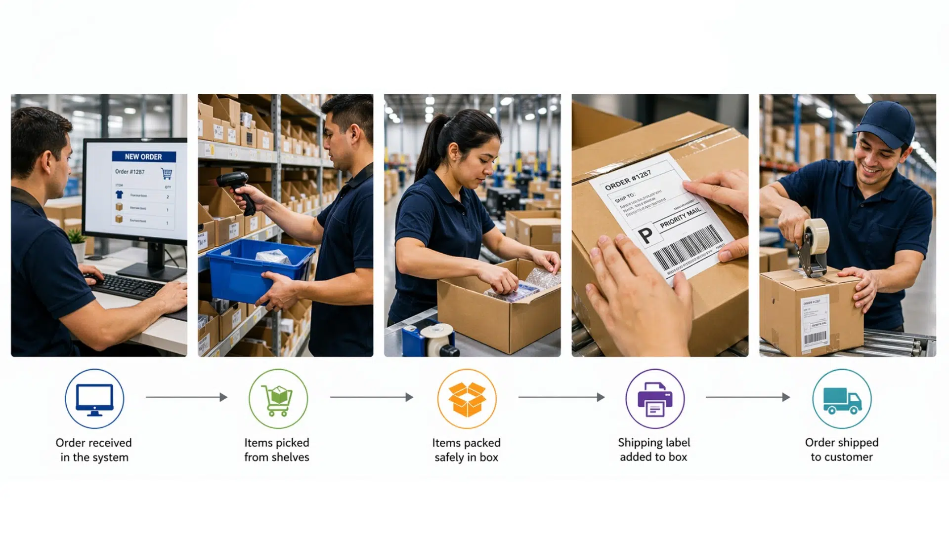 modern warehouse workflow collage, worker scanning barcode, picking items from shelves, packing boxes, adding shipping labels, clean fulfillment center