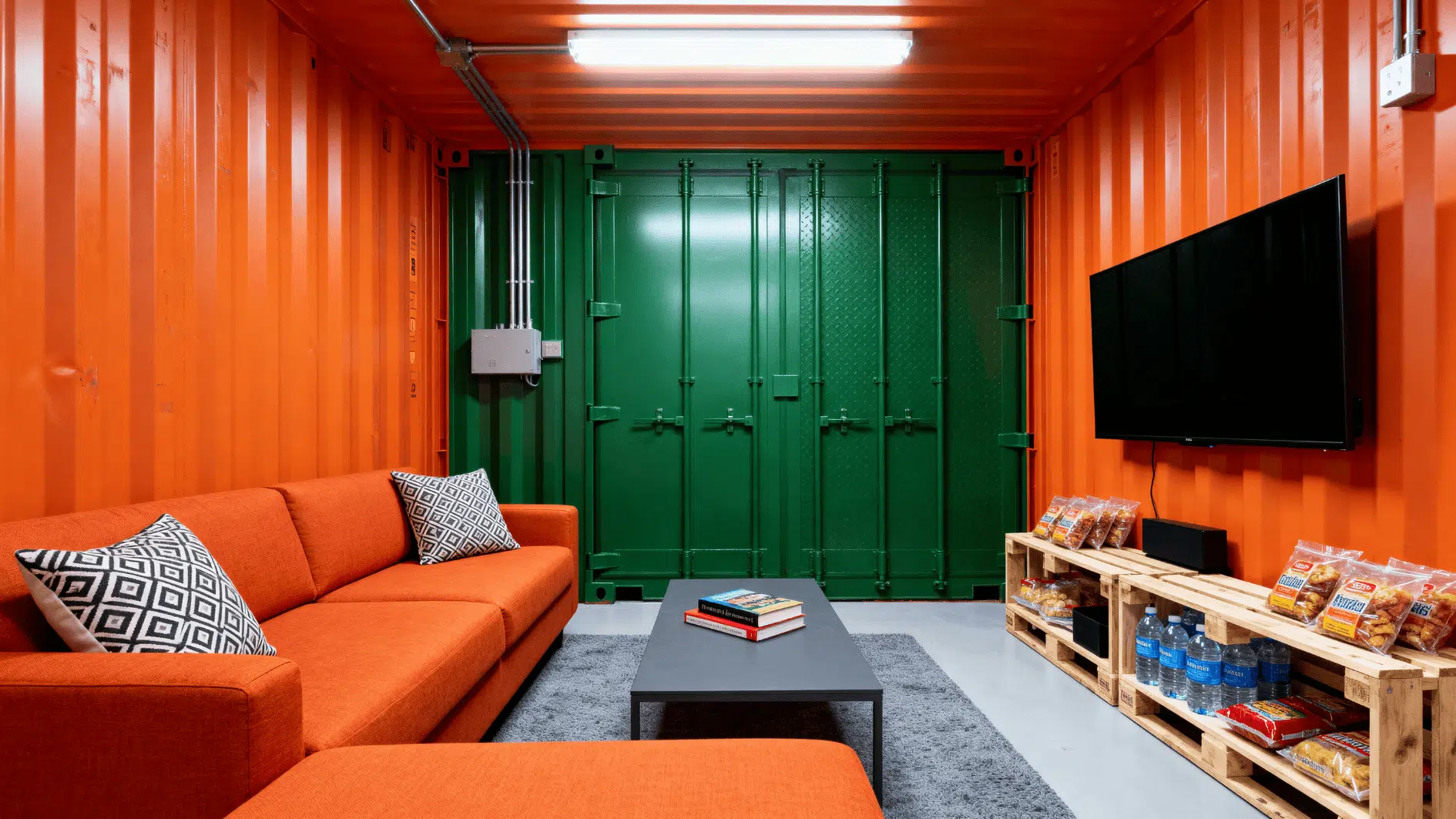 modern shipping container interior with orange walls, green doors, sofa, tv, table, and stocked shelves for living space