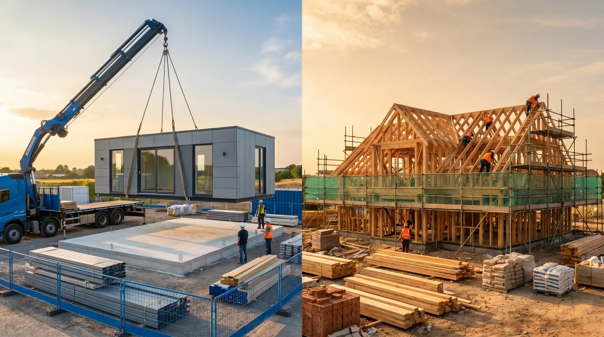 Crane lifting prefab house module next to traditional wooden house under construction at sunset