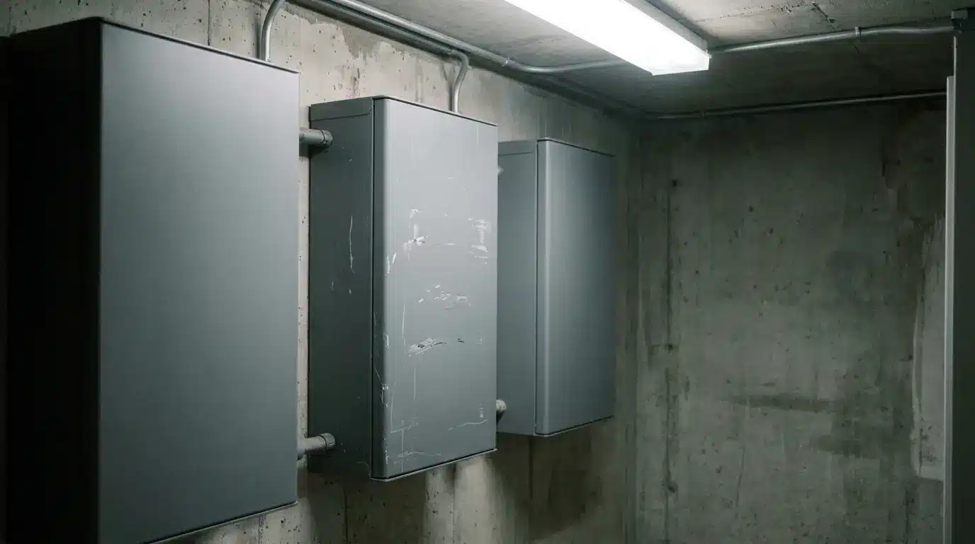 Gray metal electrical boxes against a concrete wall under fluorescent lighting in an industrial setting
