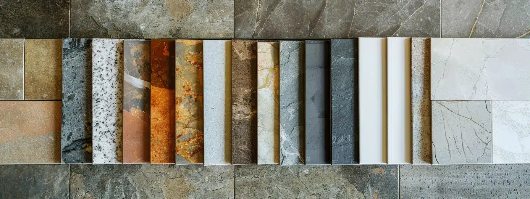 Variety of stone and tile samples in assorted colors on textured background