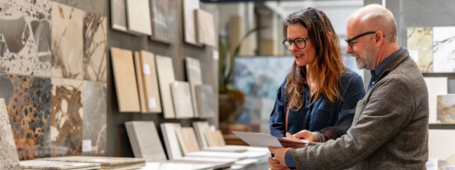 Two people examining stone samples in a showroom with various tile options displayed