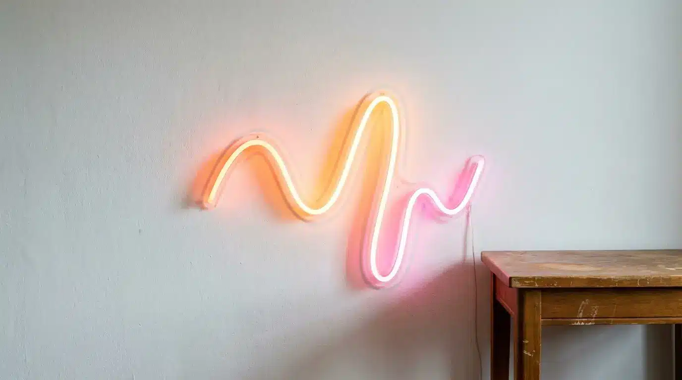 Colorful neon light squiggle on wall above wooden table in minimal indoor setting