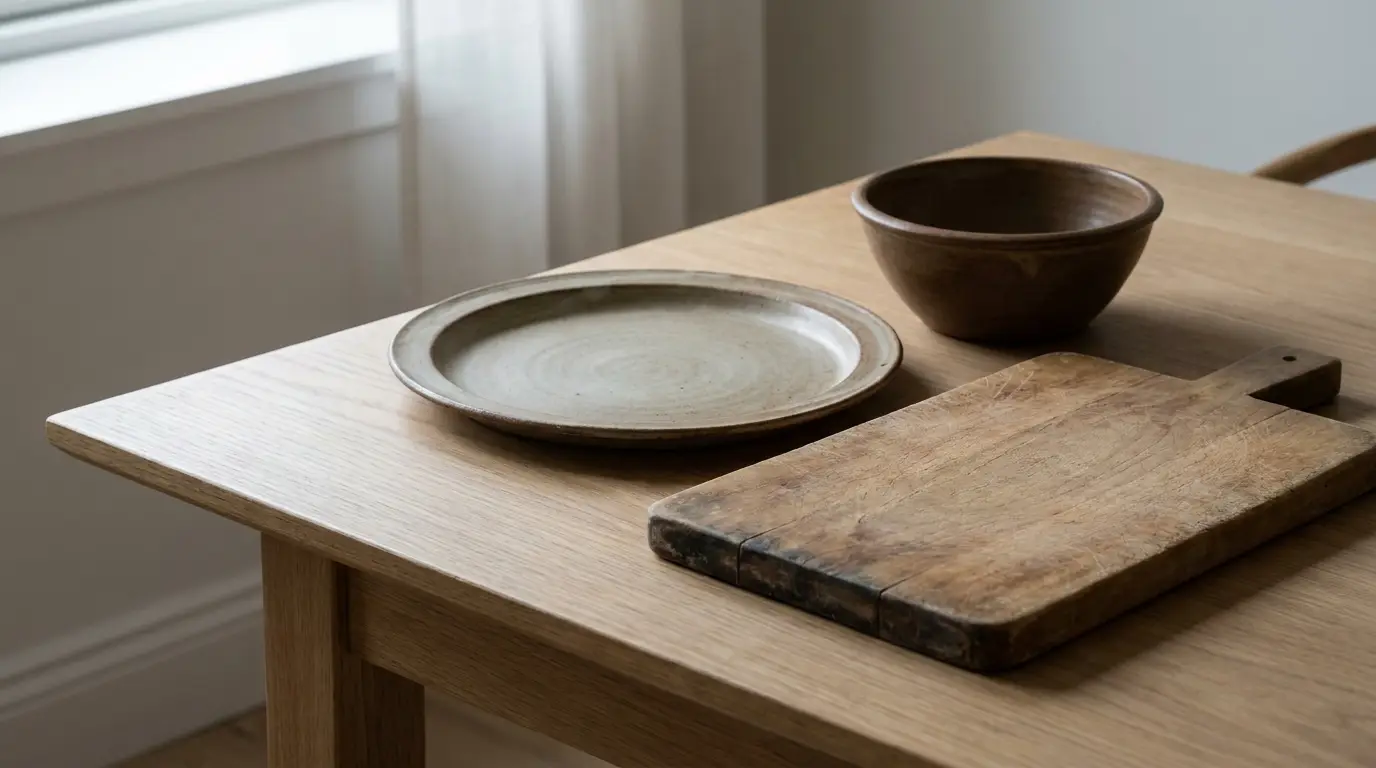 Ceramic plate and bowl with wooden cutting board on light wooden table