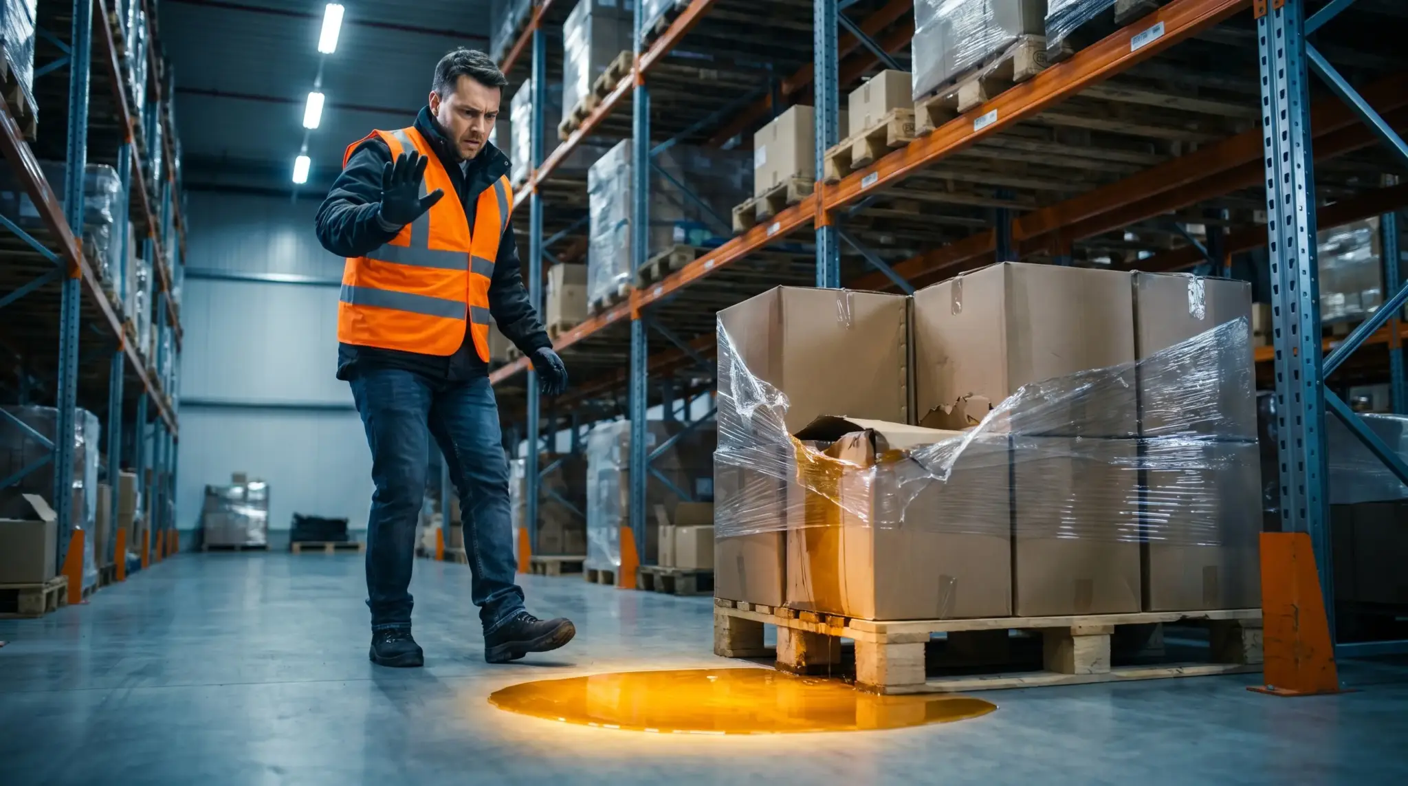Man in high-visibility vest examining spillage near damaged boxes in a warehouse aisle