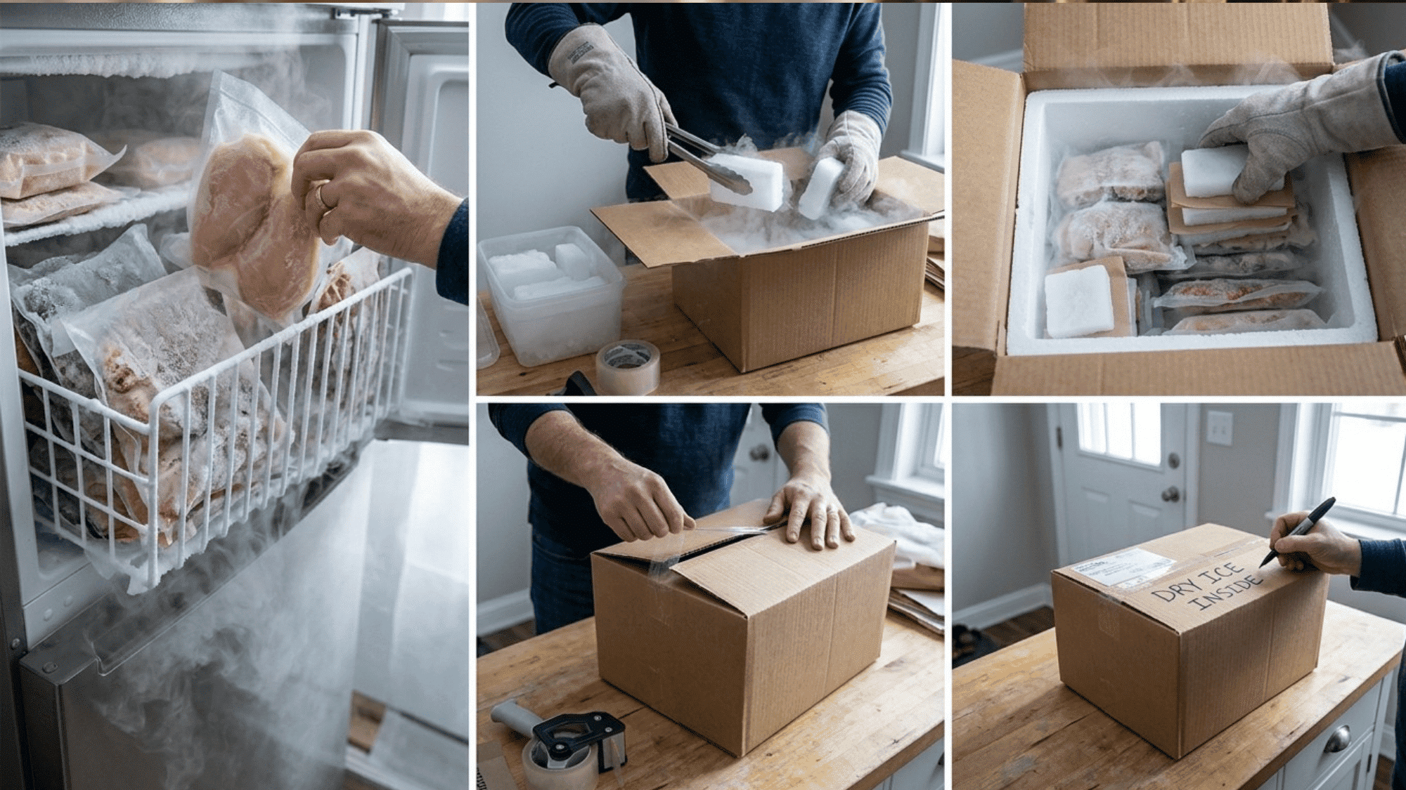 packing frozen food with dry ice in insulated box and sealing for cold chain shipping