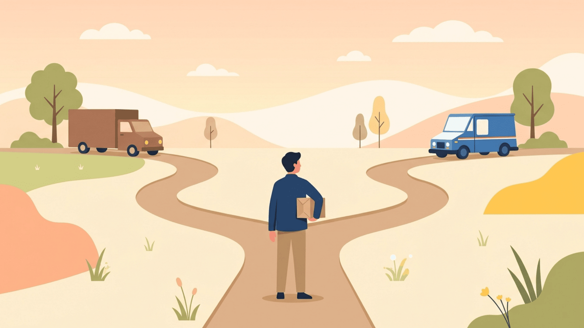 person at a crossroads choosing between ups and usps delivery trucks on different paths