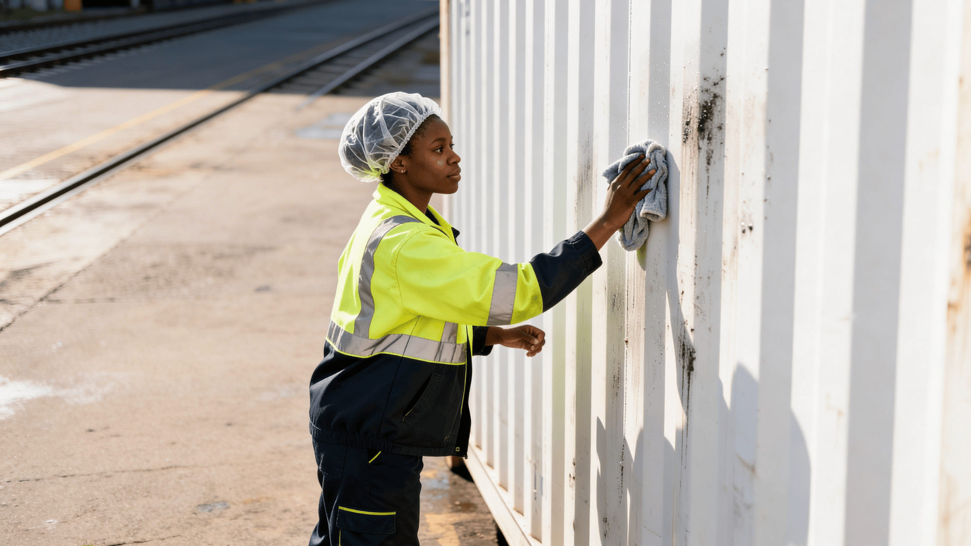 person cleaning shipping container exterior with cloth, wearing safety gear, maintaining hygiene and surface quality in logistics yard