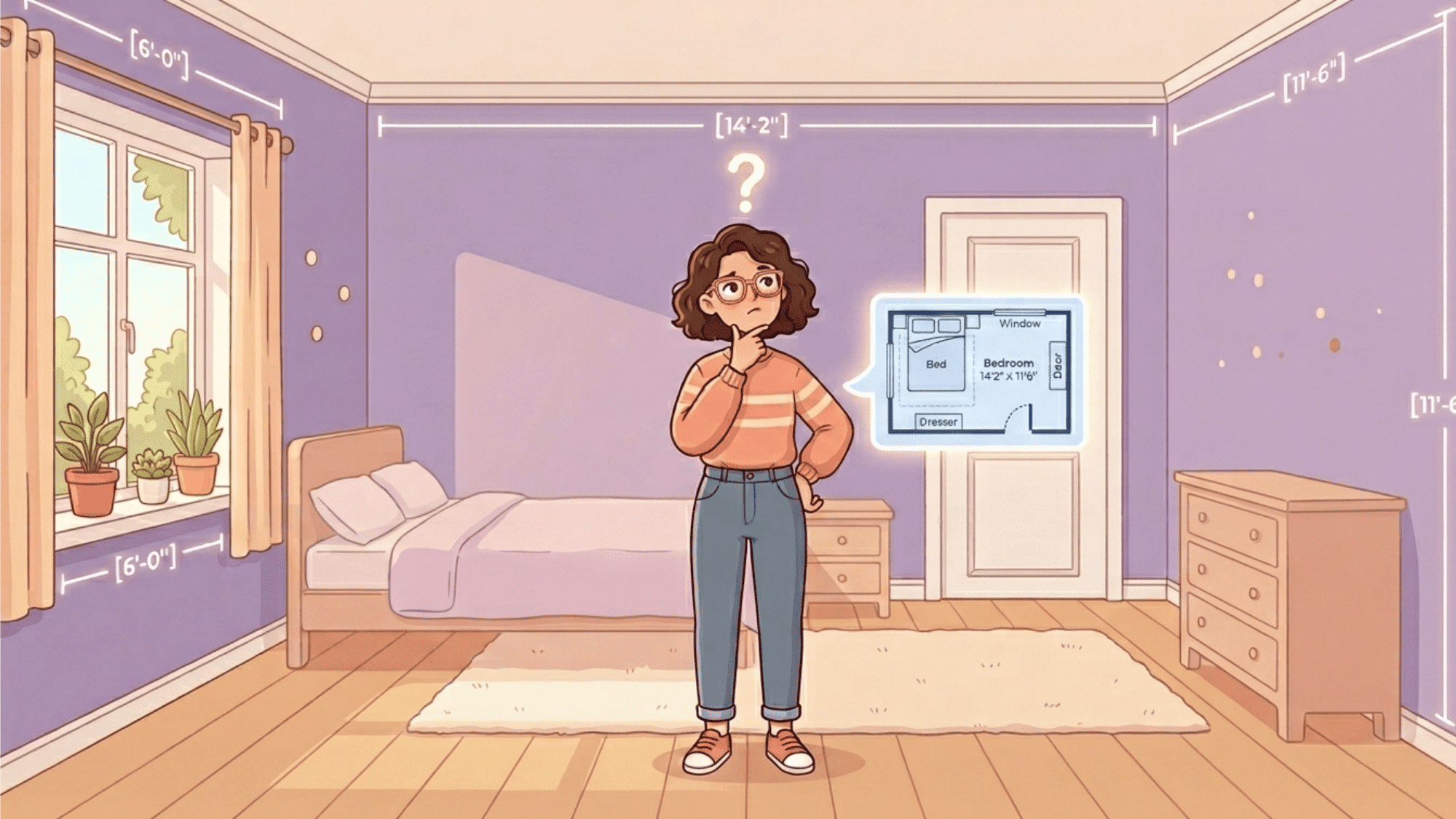 person measuring bedroom with layout plan and dimensions to decide furniture placement and room design