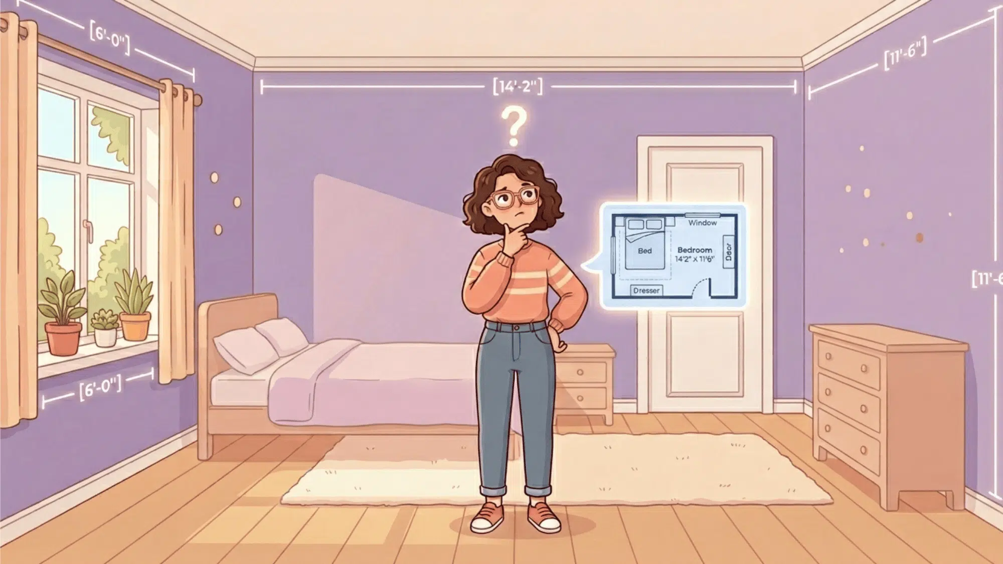 person measuring bedroom with layout plan and dimensions to decide furniture placement and room design