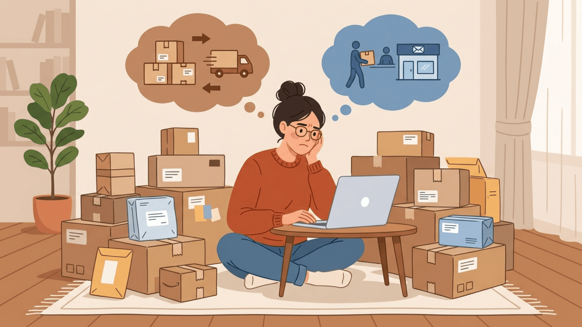 person sitting with laptop surrounded by packages comparing ups and usps shipping options at home